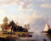 约翰内斯 赫曼努斯 库库克 : A River Landscape With A Ferry And Figures Mending A Boat